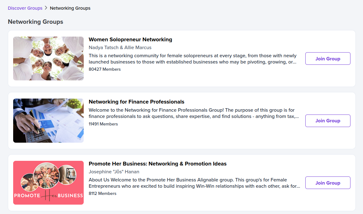Alignable profile  - networking groups